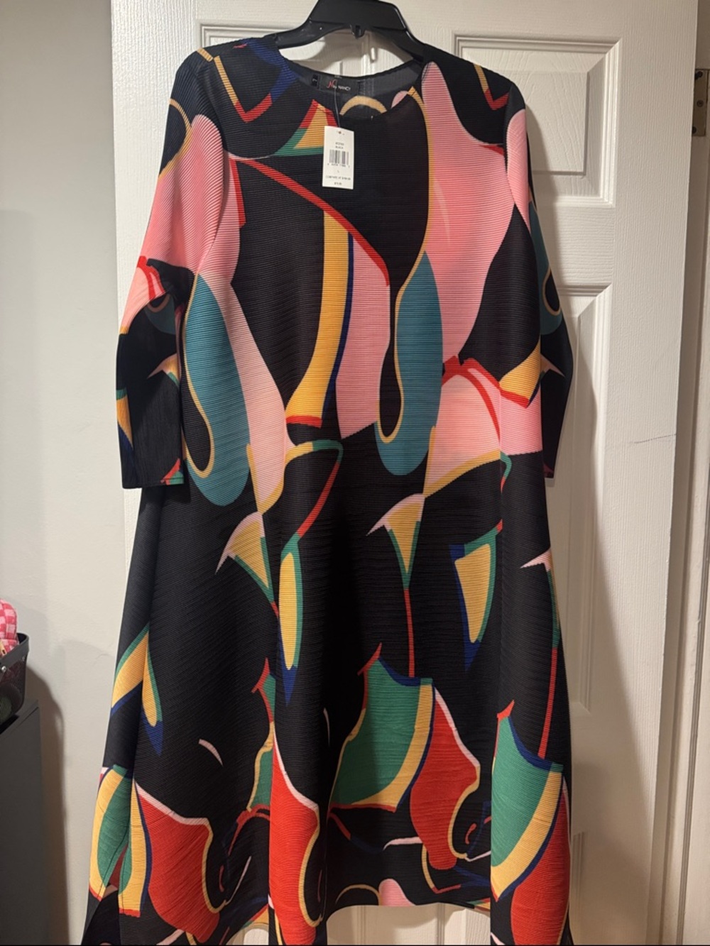 Asymmetrical Women’s Dress in Black with Multicolor Abstract Print
